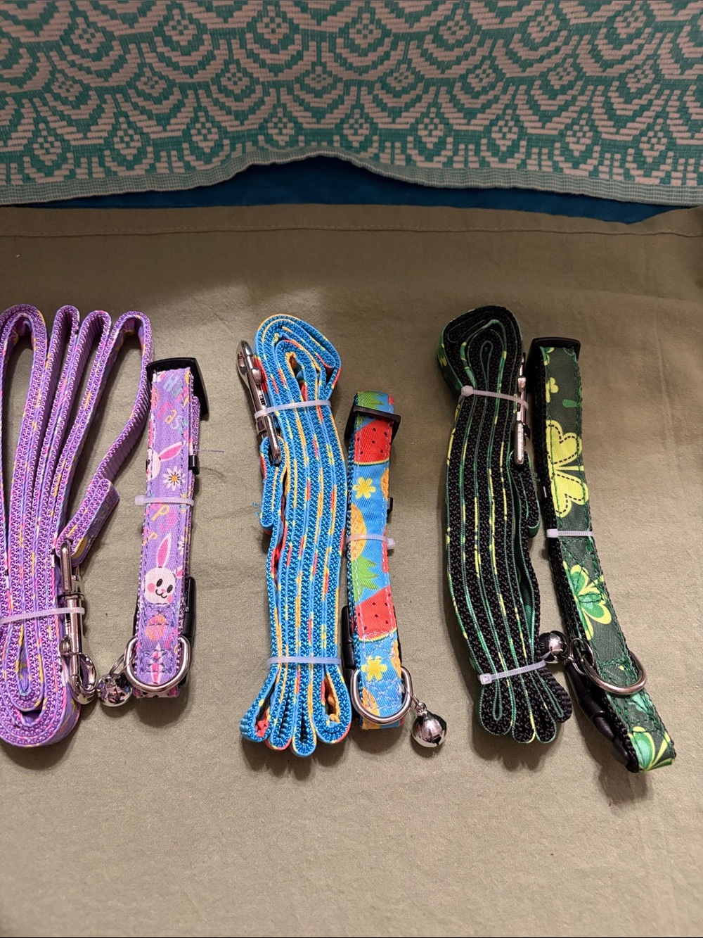 3 sets of Dog/Cat Collars with bells & Matching Leashes